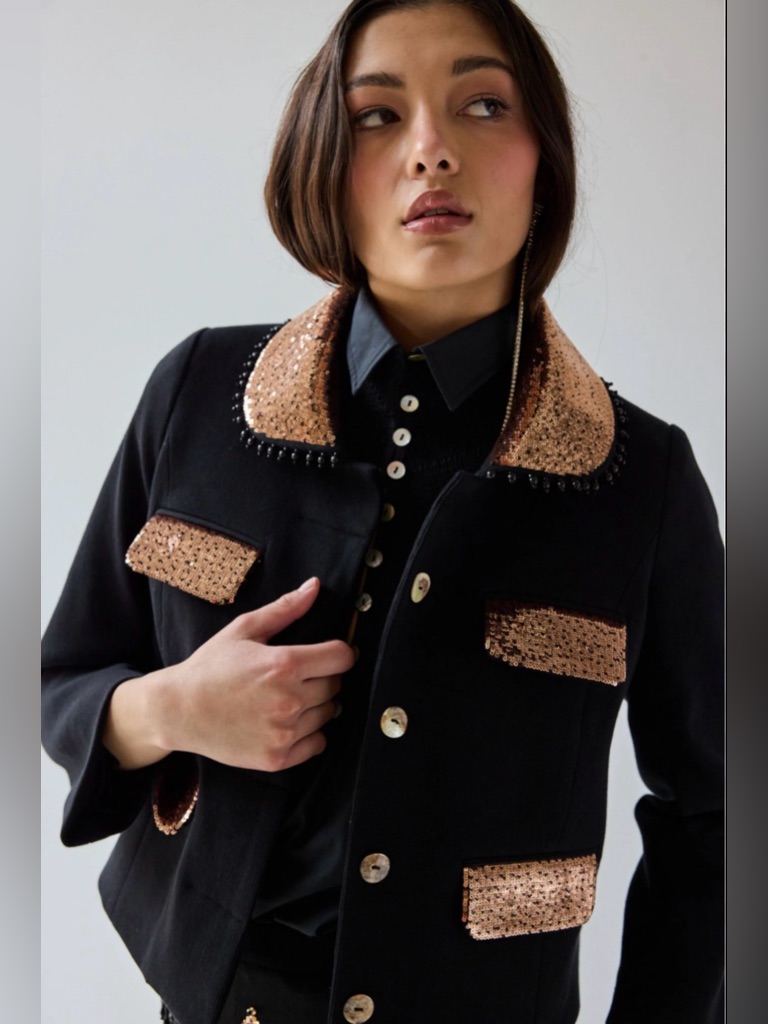 Tracy Reese Hope For Flowers Size S Black Jacket With Copper/Gold Sequin Trim